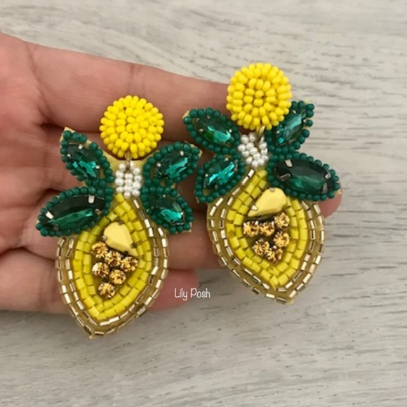 Beaded Lemon Earring, Seed Bead Fruit Earring, Lemon, Lily Posh - Picture 6 of 6